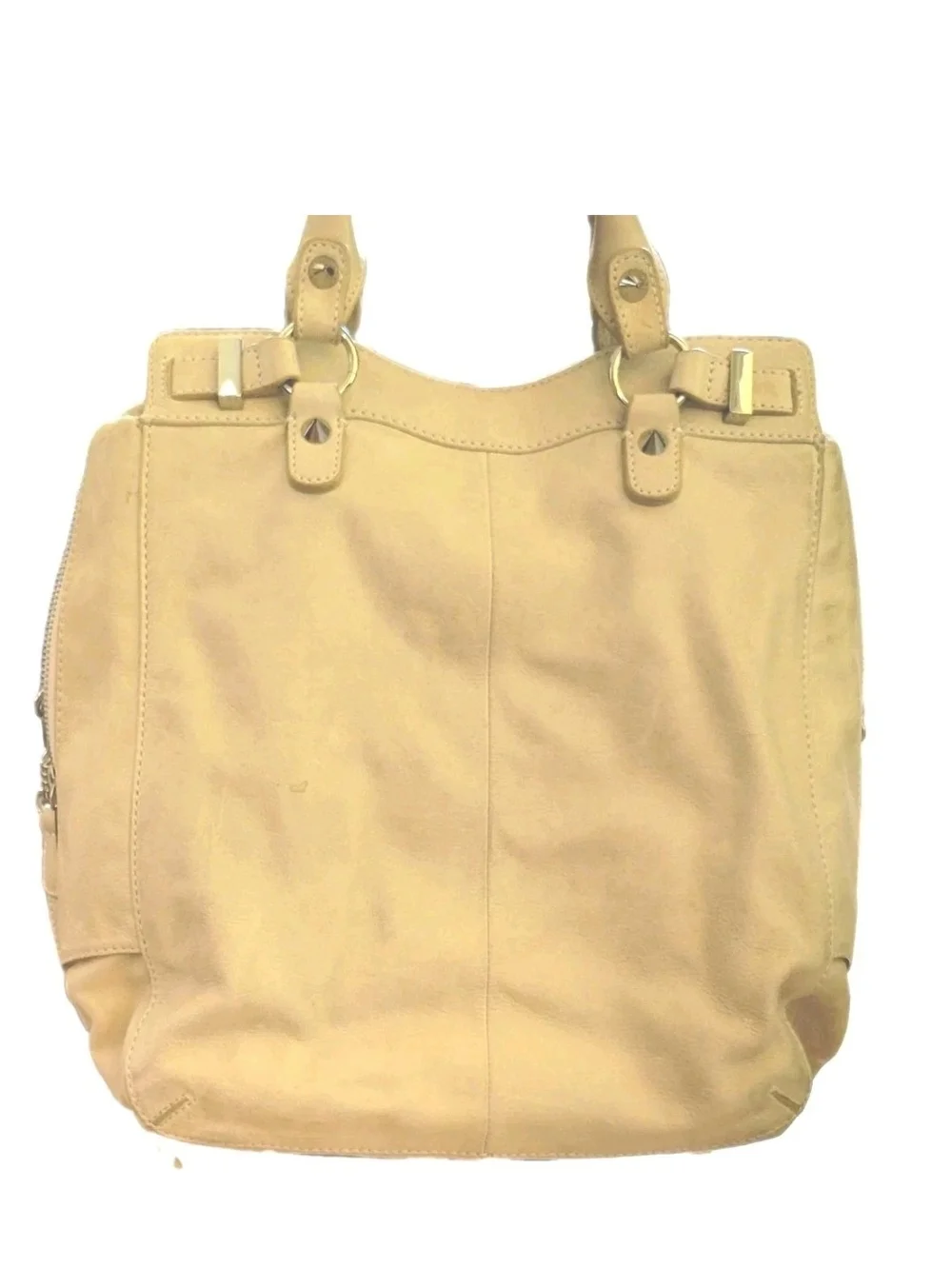 Beige Women's Snake-Texture Top-Handle Large Shoulder Leather Bag W/Spikes